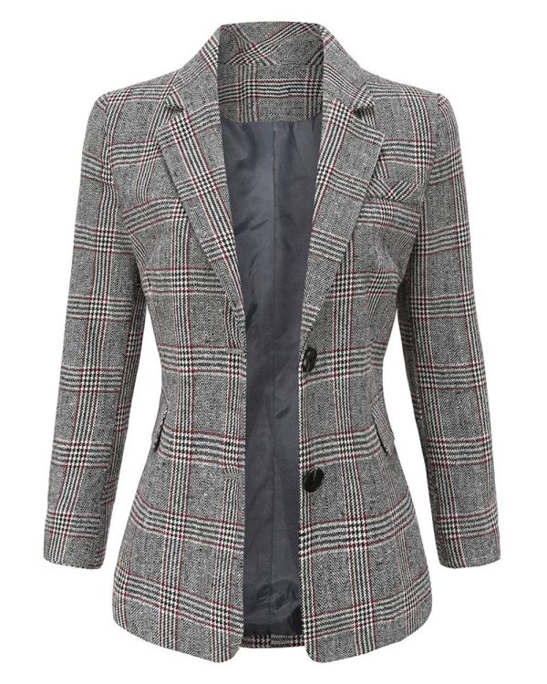 812LdvxclzL.jpg Women's Notch Lapel 2 Button Boyfriend Blazer Suit Houndstooth Plaid Jacket Coat