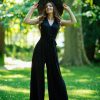 Women's Sleeveless Deep V Neck Ruched Wide Leg Jumpsuit Long Romper Belt with Pockets