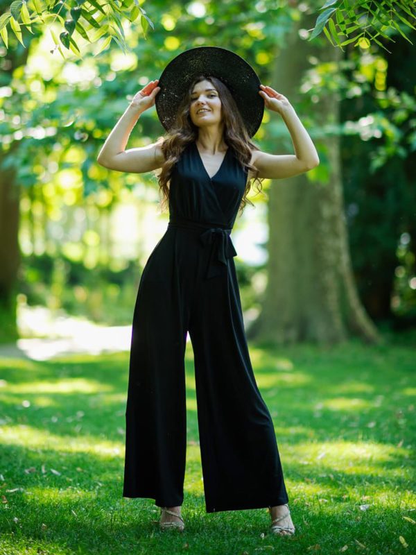 814LyyHkTuL.jpg Women's Sleeveless Deep V Neck Ruched Wide Leg Jumpsuit Long Romper Belt with Pockets