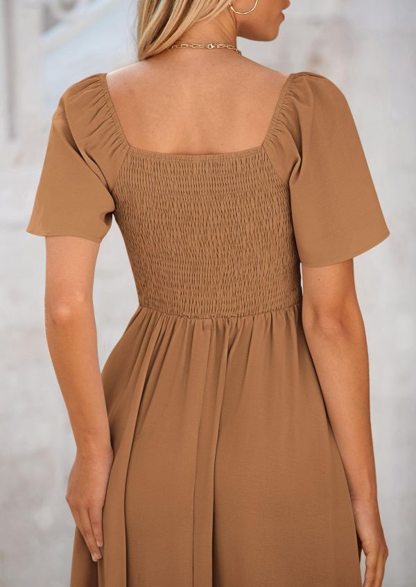815cHzYlvyL.jpg 2025 Summer Dress for Women Casual Short Sleeve Bow Tie V Neck Ruffle Midi Flowy Dresses