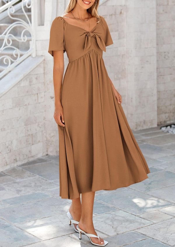 815upbls-ML.jpg 2025 Summer Dress for Women Casual Short Sleeve Bow Tie V Neck Ruffle Midi Flowy Dresses
