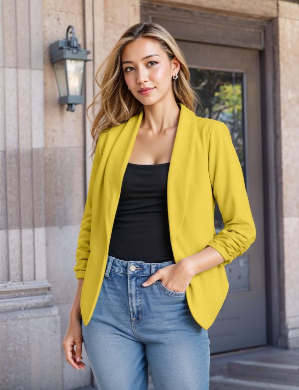 81616UpkhUL.jpg Lightweight Open Front Cardigan Classic Ruched Sleeve Work Office Blazer Suit Jackets