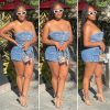 Women's Denim 2 Piece Outfits Button Tube Top and Cargo Shorts with Pockets Summer Sexy Jeans Shorts Set Tracksuits