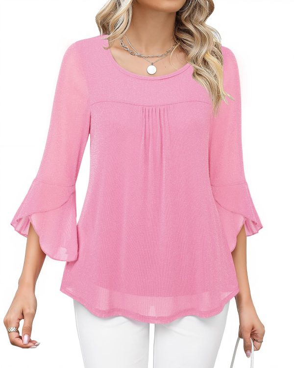 816s5bD216L.jpg Women's Ruffle 3/4 Sleeve Elegant Dressy Blouses Crew Neck Double Layers Mesh Tunic Tops