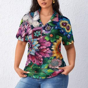 Boho Floral Colorful Flowers Womens Polo Shirts Short Sleeve Golf Shirts Casual Tennis Shirts for Work Business