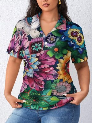 Boho Floral Colorful Flowers Womens Polo Shirts Short Sleeve Golf Shirts Casual Tennis Shirts for Work Business