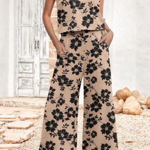 Women's Summer 2 Piece Outfits Set Round neck Sleeveless Tank Crop Top Wide Leg pants Set Pockets Jumpsuits