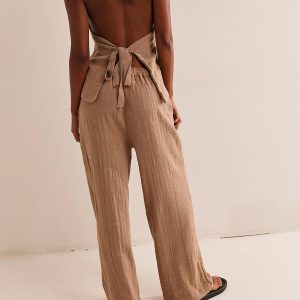 Womens 2 Piece Outfits Button Up Sexy Low Back Halter Vest Wide Leg Pants Cotton Linen Set Casual Dressy Suit Set
