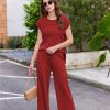 Lounge Sets for Women Two Piece Outfits Knit Cap Sleeve Tops Wide Leg Pleated Pants Casual Dressy Sweater Sets