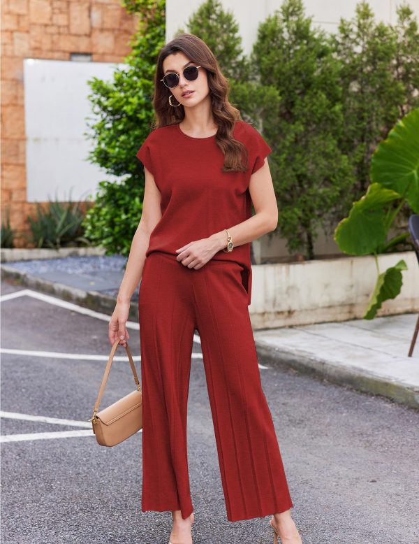 81DB-J17tRL.jpg Lounge Sets for Women Two Piece Outfits Knit Cap Sleeve Tops Wide Leg Pleated Pants Casual Dressy Sweater Sets