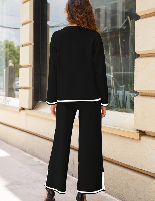 81FWMgkceKL.jpg Women's 2 Piece Outfits Long Sleeve Knit Sweater Top Wide Leg Pants Lounge Sets Tracksuits