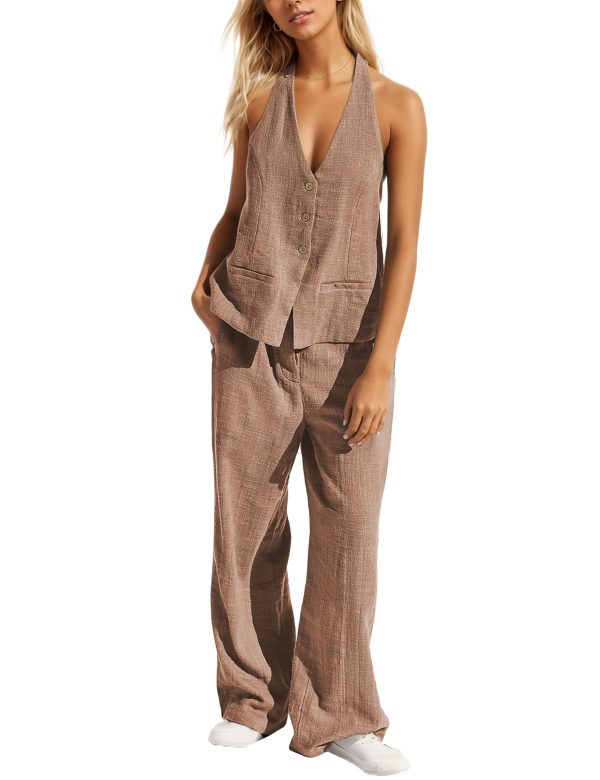 81GOUta1C-L.jpg Womens 2 Piece Outfits Button Up Sexy Low Back Halter Vest Wide Leg Pants Cotton Linen Set Casual Dressy Suit Set
