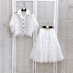 Women’S Embroidered Lace Jacket with Pleated Skirt Set Summer Holiday Wear Hollow Out Design Two Piece Outfit