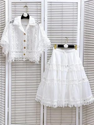 Women’S Embroidered Lace Jacket with Pleated Skirt Set Summer Holiday Wear Hollow Out Design Two Piece Outfit