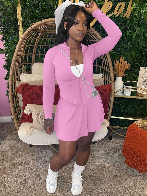 81GmKLSyq0L.jpg Women Casual 2 Piece Sets Summer Tracksuit Long Sleeve Zipper Jacket Crop Top Mini Skirt Skort Outfits