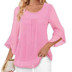 Women's Ruffle 3/4 Sleeve Elegant Dressy Blouses Crew Neck Double Layers Mesh Tunic Tops