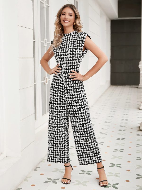 81L699rhBHL.jpg Women's Houndstooth Mock Neck Cap Sleeve Wide Leg Jumpsuit Pants