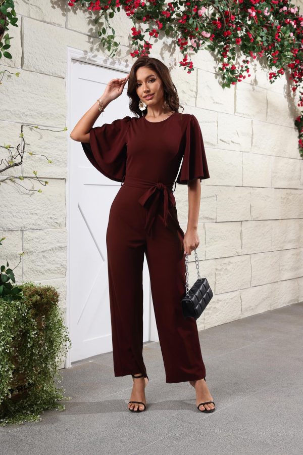 81M50MZ0b1L.jpg Women Casual Loose Short Sleeve Belted Wide Leg Pant Romper Jumpsuits