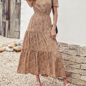 Women's Summer Casual Short Flutter Sleeve Round Neck Smocked Waist Tiered Boho Floral Flowy Maxi Dress