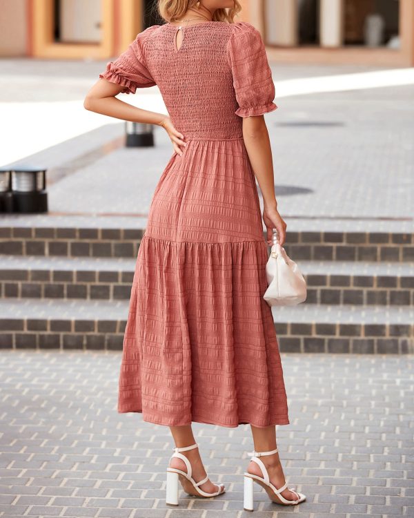 81OJSF54DOL.jpg Womens Summer Dresses 2025 Casual Puff Short Sleeve Crewneck Smocked Flowy Ruffle Boho Beach Party Maxi Sundress