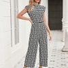 Women's Houndstooth Mock Neck Cap Sleeve Wide Leg Jumpsuit Pants