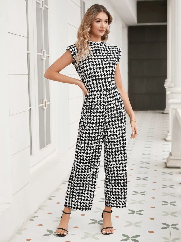 81QpWrSyPzL.jpg Women's Houndstooth Mock Neck Cap Sleeve Wide Leg Jumpsuit Pants
