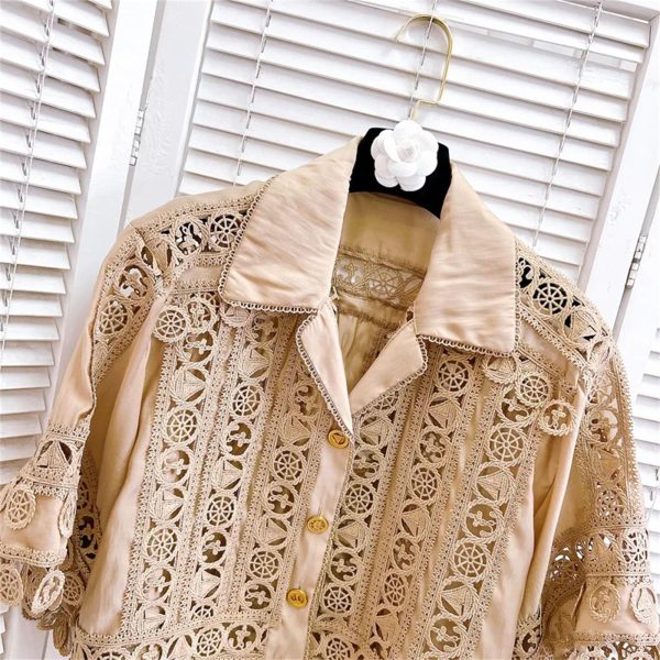 81Qwc8x6XL.jpg Women’S Embroidered Lace Jacket with Pleated Skirt Set Summer Holiday Wear Hollow Out Design Two Piece Outfit