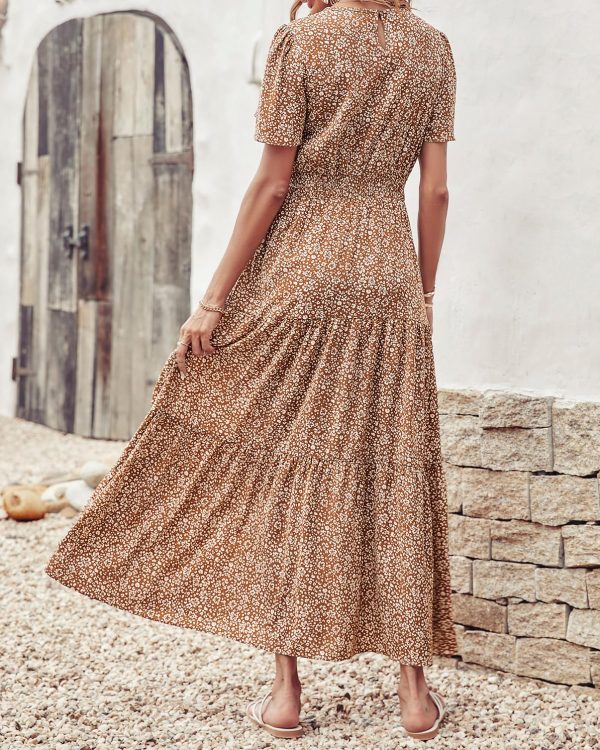 81RayU8qxML.jpg Women's Summer Casual Short Flutter Sleeve Round Neck Smocked Waist Tiered Boho Floral Flowy Maxi Dress