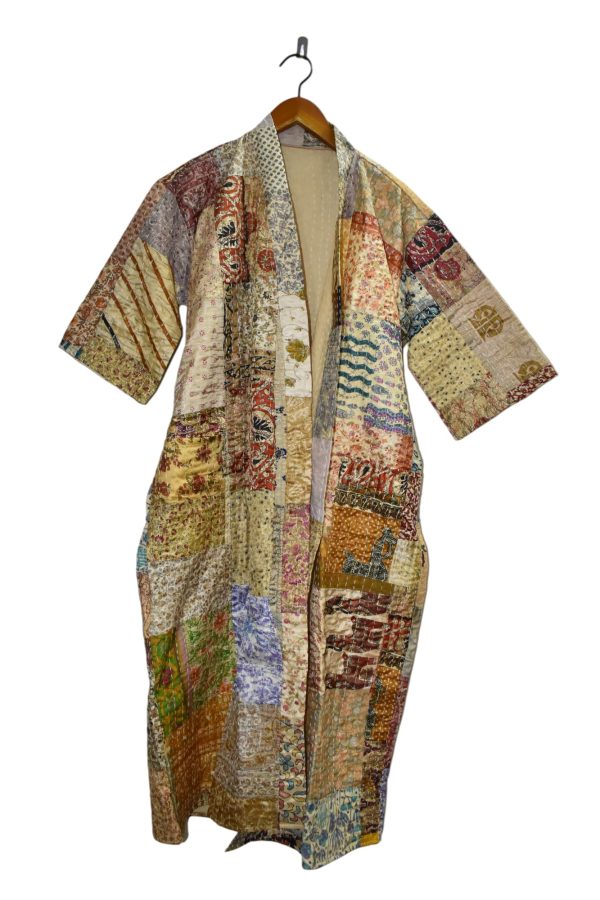 81SNhoZCSwL.jpg Rajbhoomi Women Kimono Robe Handmade Silk Patola Kantha Quilt Body Warmer Coat Rob Patchwork Overcoat Jacket
