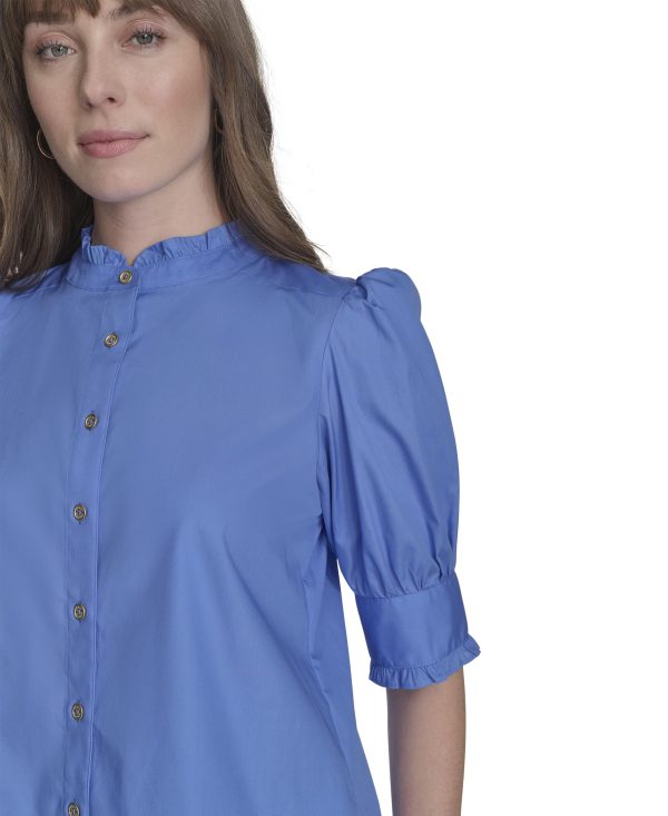 81VizhiybFL.jpg Women's Short Sleeve Ruffle Neck Button Front Shirt