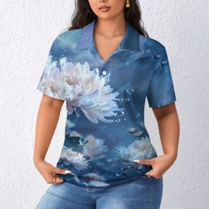 White Floral Landscape Womens Polo Shirts Short Sleeve Golf Shirts Casual Tennis Shirts for Work Business