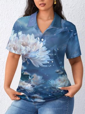 White Floral Landscape Womens Polo Shirts Short Sleeve Golf Shirts Casual Tennis Shirts for Work Business