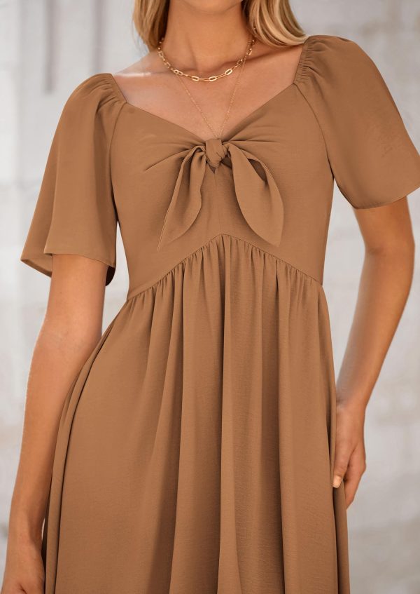 81YMVFcotlL.jpg 2025 Summer Dress for Women Casual Short Sleeve Bow Tie V Neck Ruffle Midi Flowy Dresses