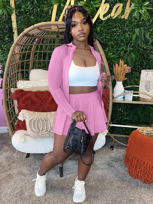 81YkeLQ6z5L.jpg Women Casual 2 Piece Sets Summer Tracksuit Long Sleeve Zipper Jacket Crop Top Mini Skirt Skort Outfits