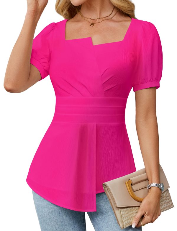81eytaTfQcL.jpg Women's Dressy Casual Blouses Business Casual Tops 2025 Summer Short Sleeve Work Shirt Smocked Back