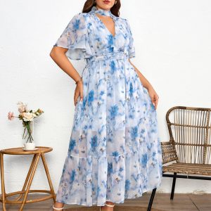 Women's 2025 Floral Summer Dress Smocked V Neck Boho Plus Size Beach Party Wedding Guest Ruffle Long Dresses
