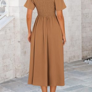 2025 Summer Dress for Women Casual Short Sleeve Bow Tie V Neck Ruffle Midi Flowy Dresses