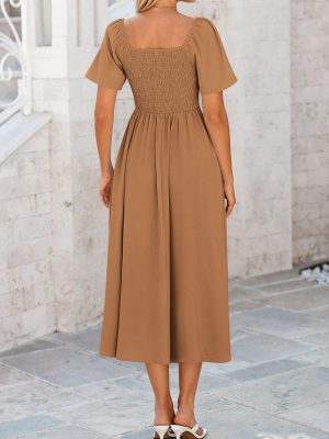 2025 Summer Dress for Women Casual Short Sleeve Bow Tie V Neck Ruffle Midi Flowy Dresses