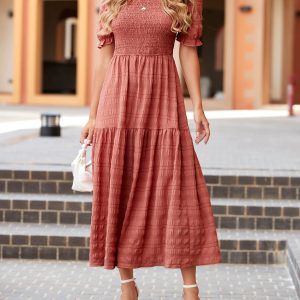 Womens Summer Dresses 2025 Casual Puff Short Sleeve Crewneck Smocked Flowy Ruffle Boho Beach Party Maxi Sundress