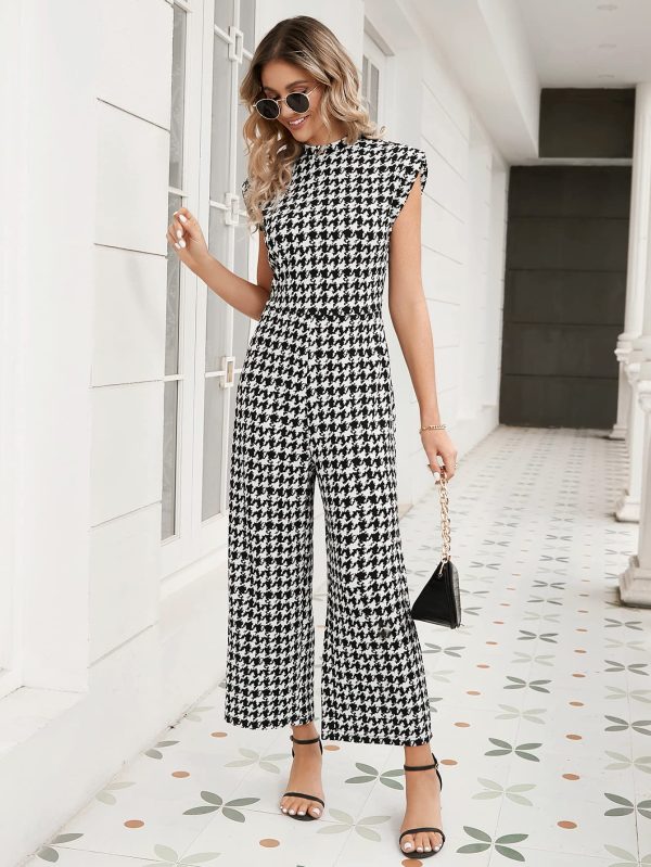 81r8Jpn-fSL.jpg Women's Houndstooth Mock Neck Cap Sleeve Wide Leg Jumpsuit Pants