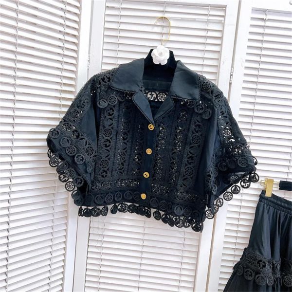 81sOvNSLTML.jpg Women’S Embroidered Lace Jacket with Pleated Skirt Set Summer Holiday Wear Hollow Out Design Two Piece Outfit