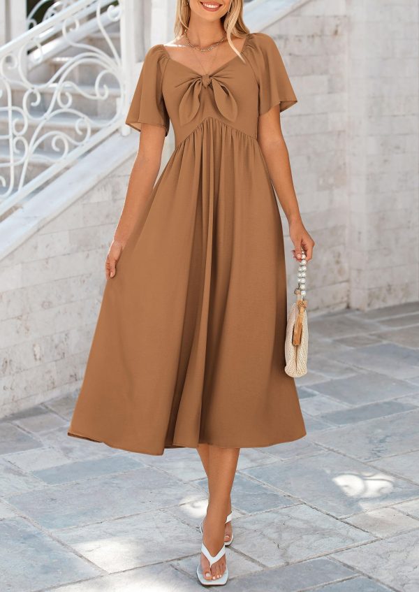 81vwyoFB77L.jpg 2025 Summer Dress for Women Casual Short Sleeve Bow Tie V Neck Ruffle Midi Flowy Dresses
