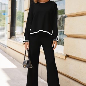 Women's 2 Piece Outfits Long Sleeve Knit Sweater Top Wide Leg Pants Lounge Sets Tracksuits