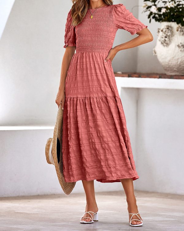 91Zh1d6x9bL.jpg Womens Summer Dresses 2025 Casual Puff Short Sleeve Crewneck Smocked Flowy Ruffle Boho Beach Party Maxi Sundress