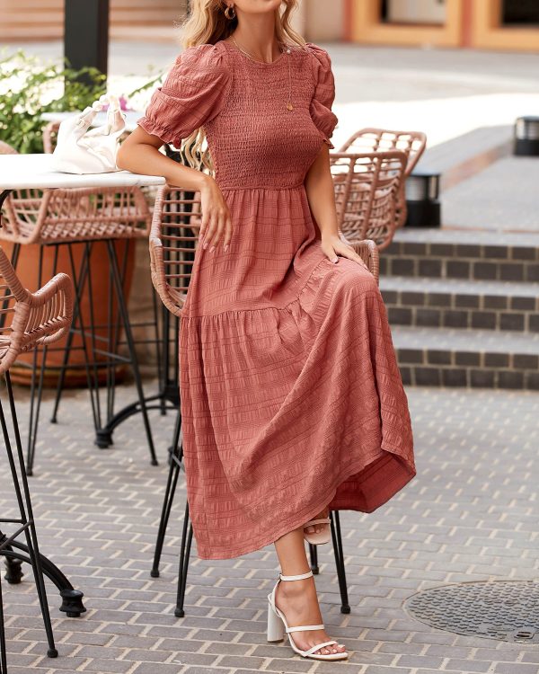 91aelP6a5L.jpg Womens Summer Dresses 2025 Casual Puff Short Sleeve Crewneck Smocked Flowy Ruffle Boho Beach Party Maxi Sundress