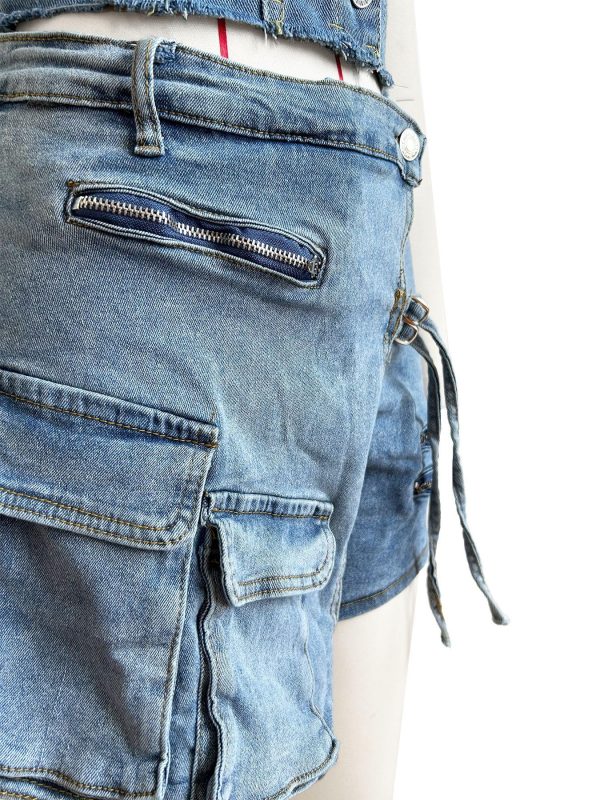 91isyUWAMpL.jpg Women's Denim 2 Piece Outfits Button Tube Top and Cargo Shorts with Pockets Summer Sexy Jeans Shorts Set Tracksuits